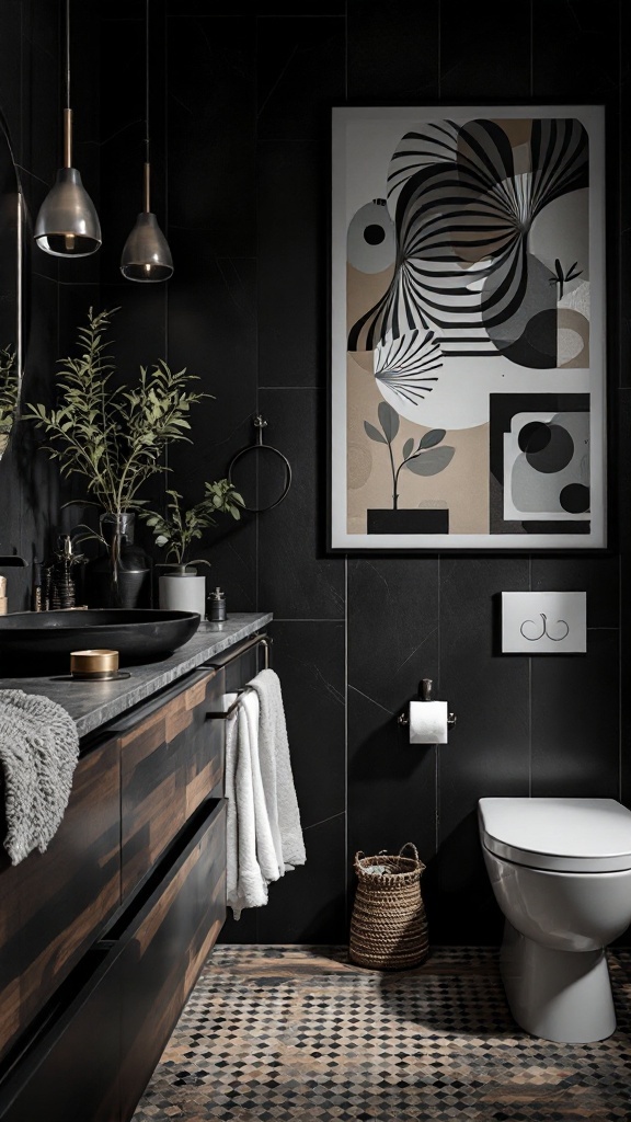A modern black and wood bathroom featuring abstract art and stylish decor