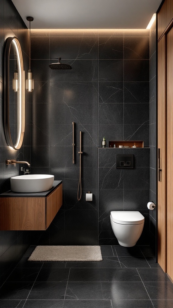 A modern bathroom with black tiles and wooden accents