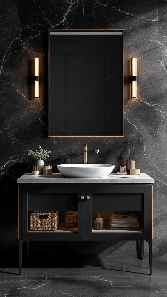 Elegant black and wood bathroom vanity with a marble countertop and golden fixtures