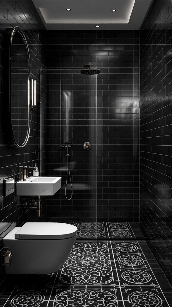 Modern bathroom with black tile patterns and elegant decor.