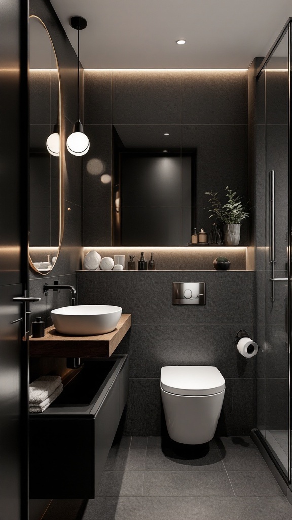 A stylish small bathroom featuring black tiles, wood accents, a round mirror, and modern fixtures.