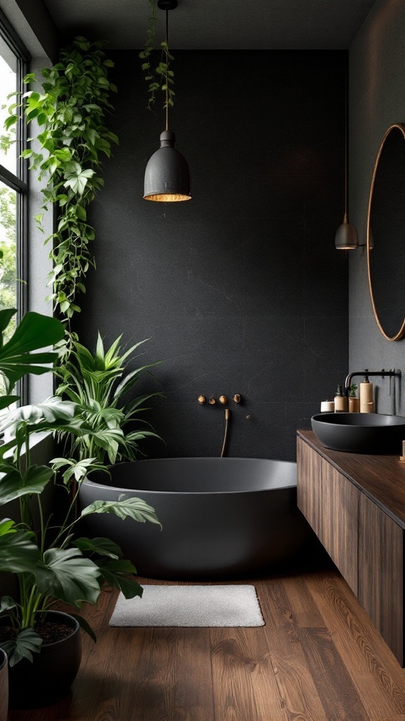 A modern black and wood bathroom featuring plants and a stylish bathtub