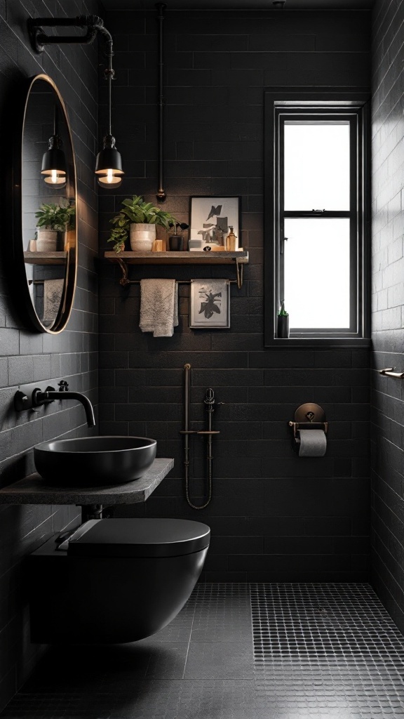 An industrial-style black bathroom featuring dark tiles, black fixtures, and warm lighting.