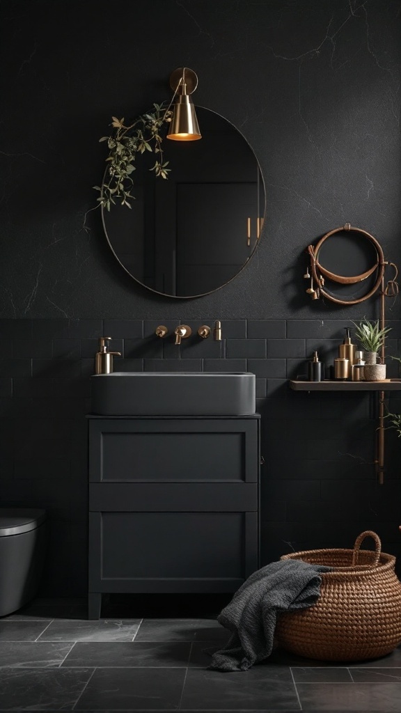 A modern bathroom with dark walls, a black vanity, golden accents, and wooden shelves showcasing bath accessories.