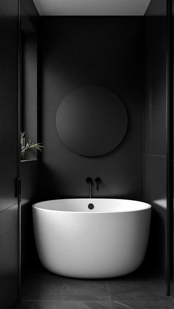 A small black bathroom featuring matte black walls, a white freestanding tub, and minimalistic design.