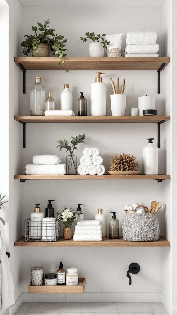 Open bathroom shelving with neatly arranged towels, bottles, and decorative elements