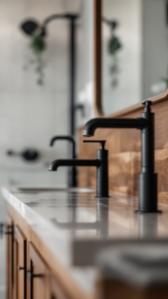 Close-up of sleek black bathroom fixtures on a natural wood countertop.