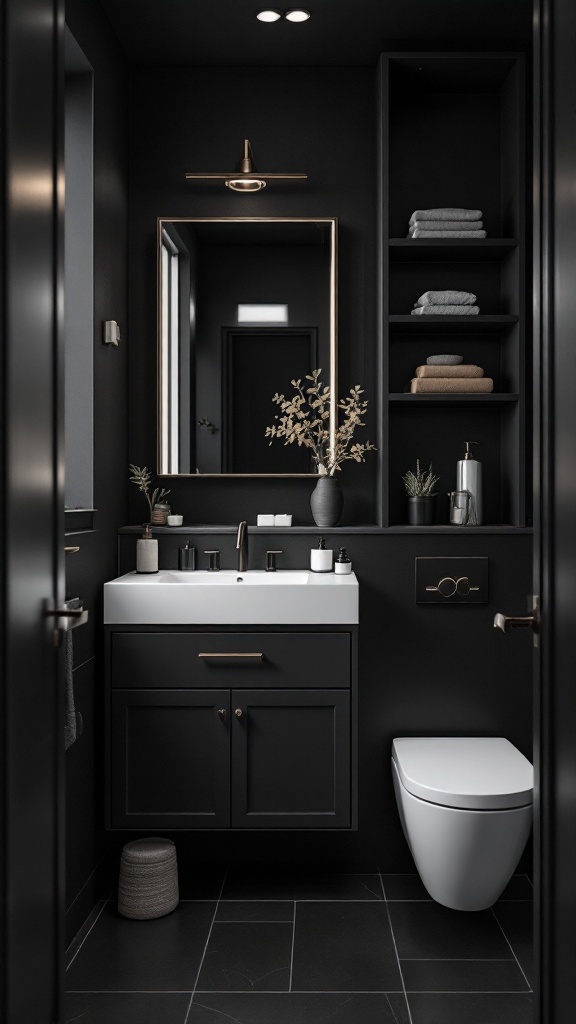 A sleek black bathroom featuring dark walls, a white sink, and open shelving with neatly arranged towels.