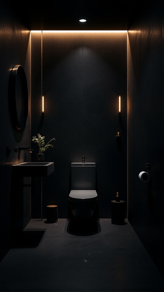 A small black bathroom featuring soft lighting, a toilet, a sink, and a plant.