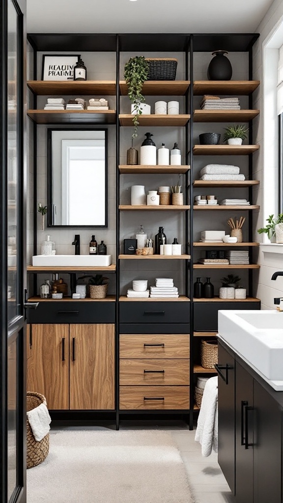 A modern bathroom with black metal and wood shelving, featuring neatly organized towels, plants, and storage containers.