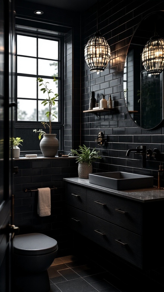 A small black bathroom with a circular mirror, dark tiles, and plants.