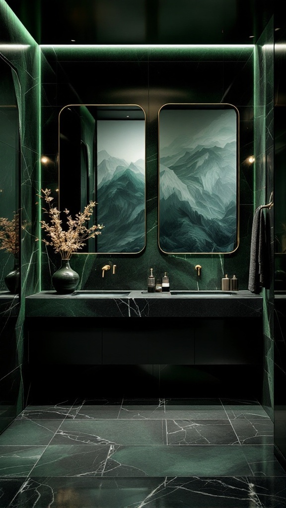 A green and black bathroom featuring sleek black surfaces, green marble, and artistic mountain landscape artwork.