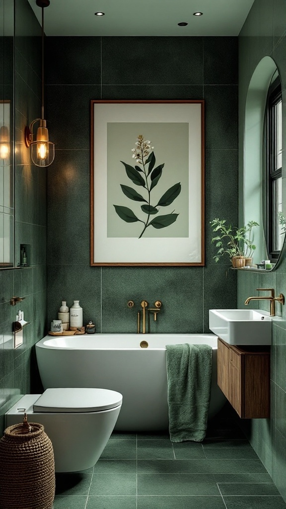 A stylish green and black bathroom featuring natural decor and modern elements.