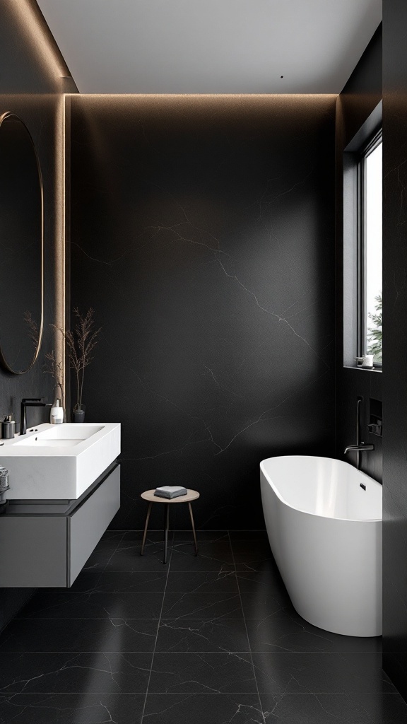 A modern bathroom featuring bold black walls and elegant white fixtures.