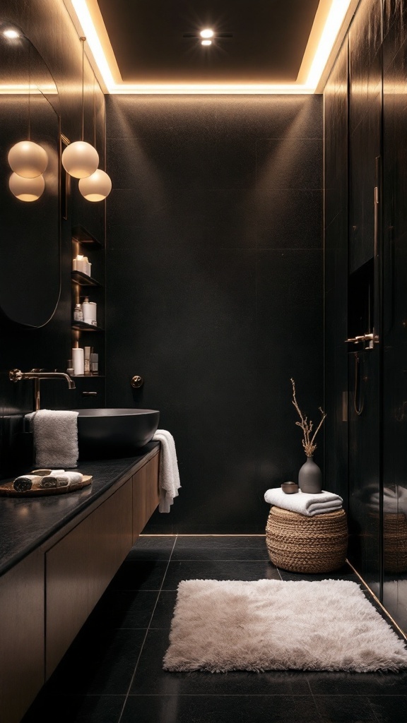 A modern black floor bathroom with soft lighting and cozy textures