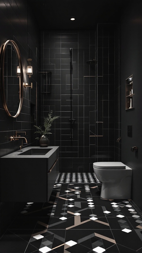 A stylish black floor bathroom featuring geometric tile patterns, sleek black walls, and gold accents.