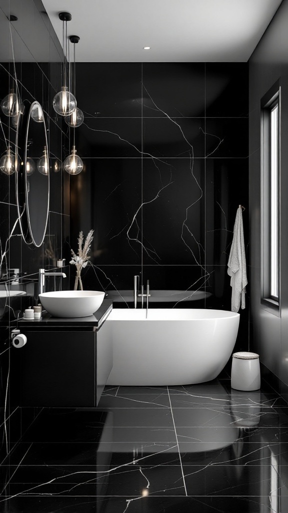 A modern black floor bathroom featuring white fixtures, a freestanding bathtub, and elegant lighting.