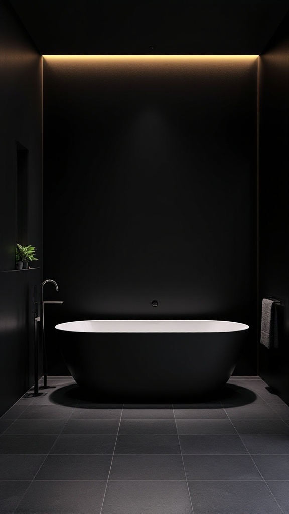 A modern black bathroom with a freestanding bathtub and subtle lighting.