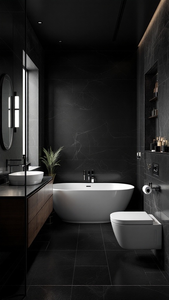 A modern black floor bathroom featuring a freestanding bathtub, sleek cabinetry, and stylish lighting.