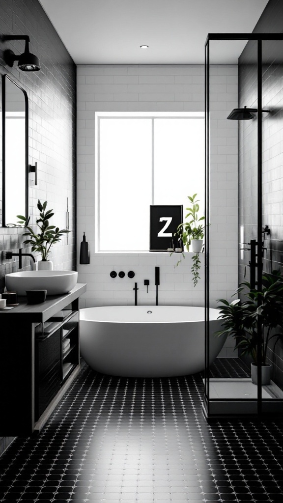 A modern black bathroom featuring a sleek bathtub, stylish fixtures, and greenery.