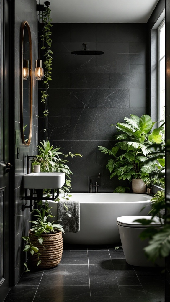 A modern black floor bathroom with greenery, featuring plants near a bathtub and sink.