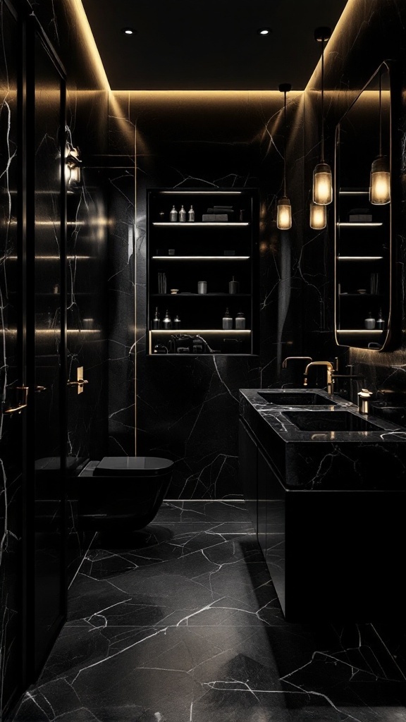 A modern black bathroom featuring elegant lighting and sleek designs.