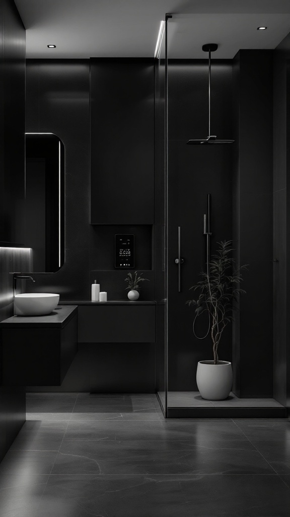 A modern black bathroom featuring sleek design and integrated technology.