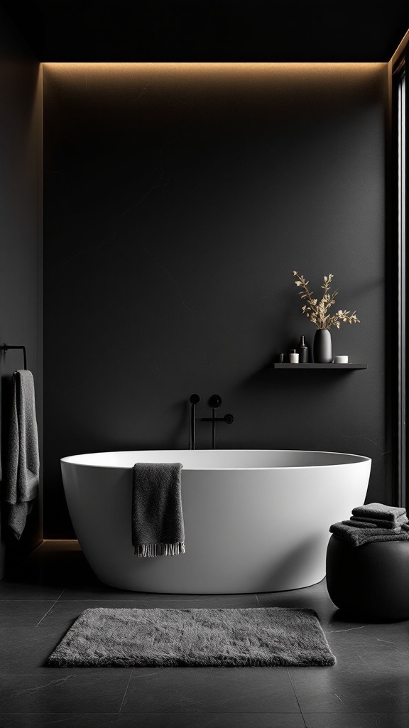 A modern black bathroom featuring a sleek freestanding tub, dark walls, and stylish accessories.