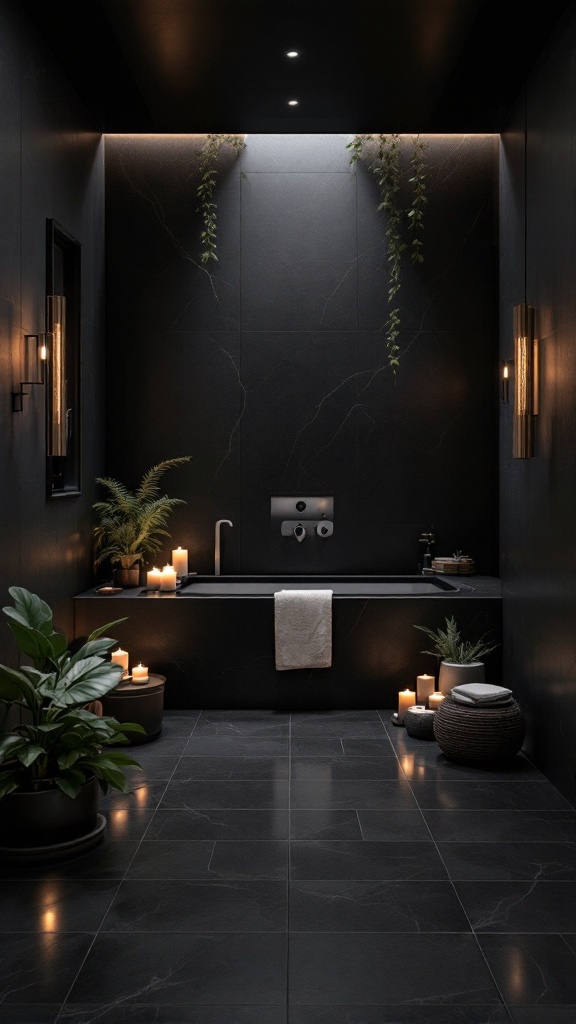 A luxurious black floor bathroom with candles and plants, creating a spa-like atmosphere.