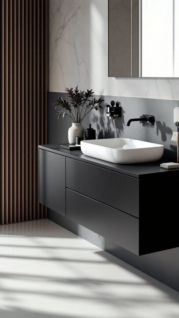 A modern black bathroom featuring a minimalist vanity unit with a white sink and decorative plants.