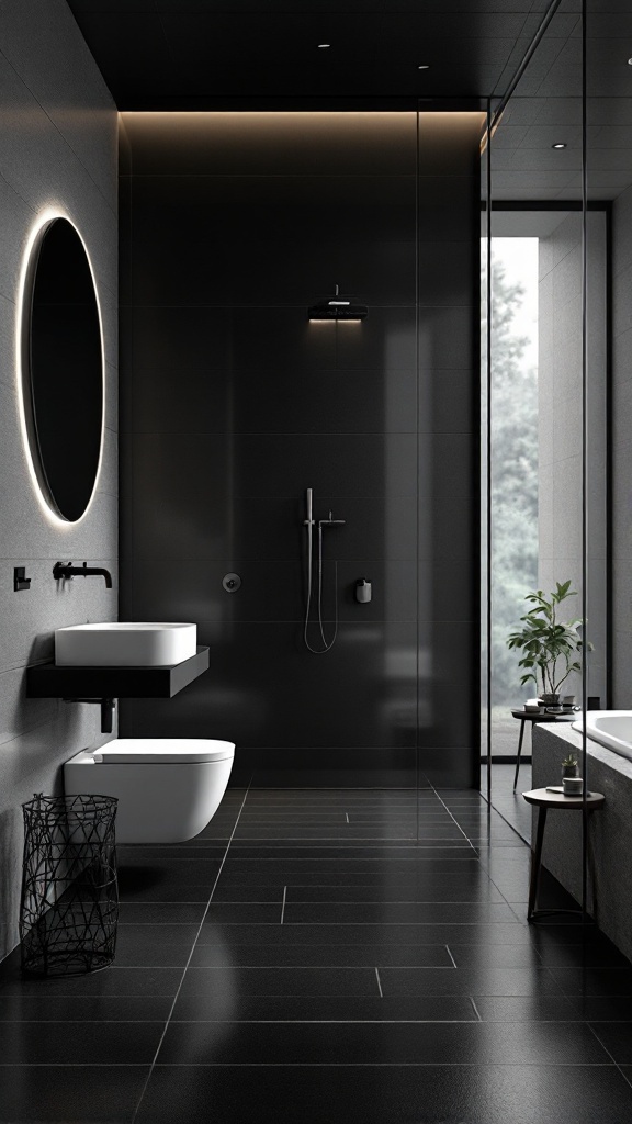 A minimalist black floor bathroom featuring sleek fixtures, a round mirror, and a small plant.