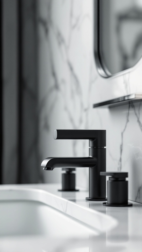 Close-up of sleek matte black bathroom faucet and fixtures on a marble countertop