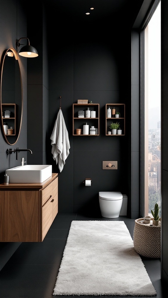 A modern black floor bathroom with wooden storage, wall shelves, and a fluffy rug.