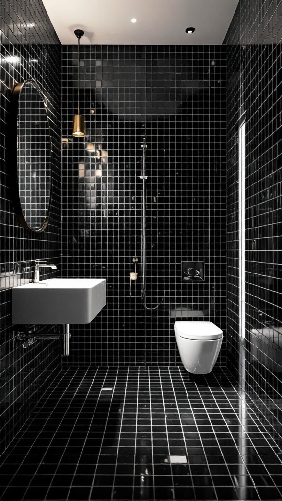 Modern black bathroom with glossy black tile walls and floor, minimalist sink, and wall-mounted toilet.