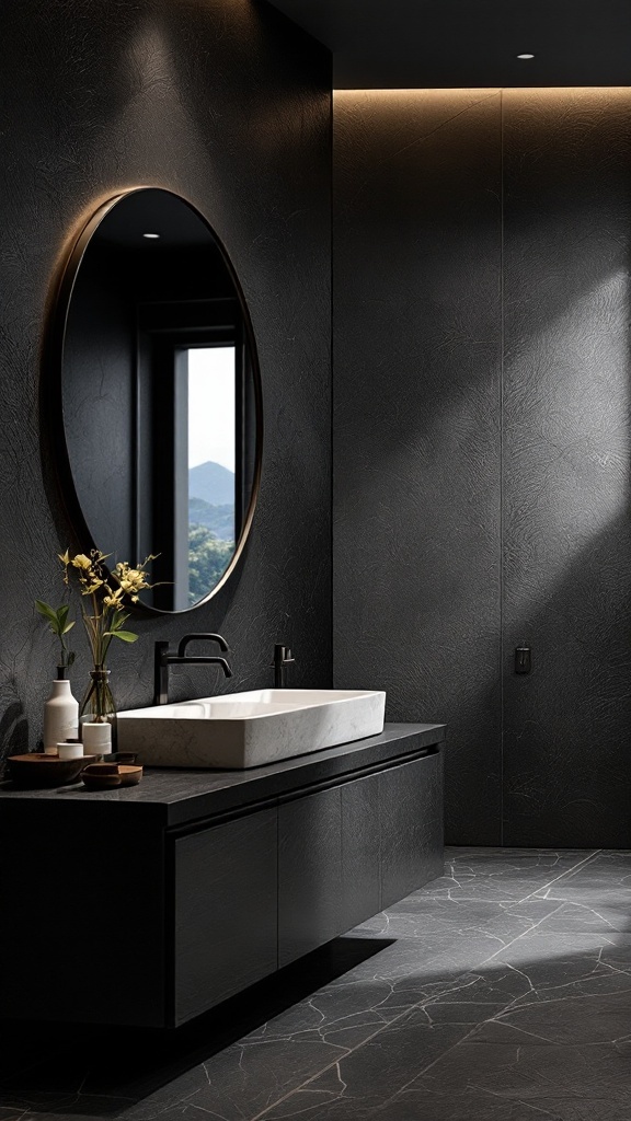 A modern black bathroom featuring textured black walls, a circular mirror, and a stylish sink area.