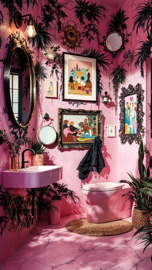 A vibrant pink and black bathroom featuring artistic wall decor, plants, and mirrors.