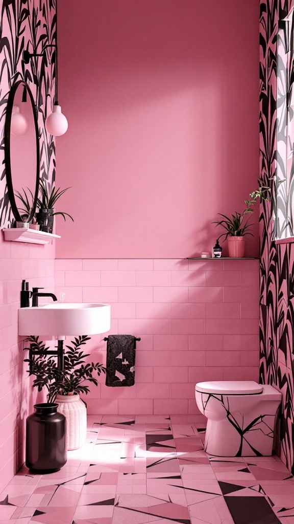 A pink bathroom with bold black patterns on the walls and a mixed tile floor.