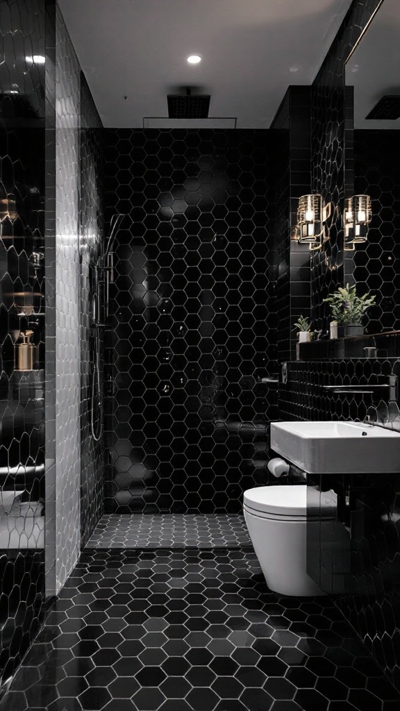 A modern bathroom featuring black hexagon tiles on the walls and floor, showcasing a sleek design.