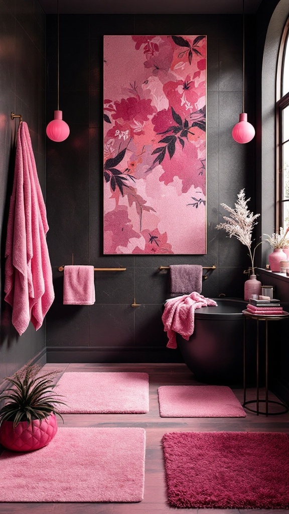 A stylish pink and black bathroom featuring fluffy rugs, textured towels, and floral artwork.