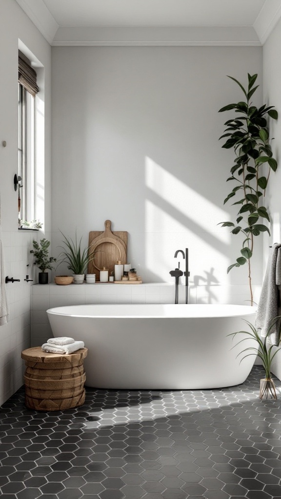 A modern bathroom featuring black hexagon tiles, a freestanding bathtub, and natural decor elements.