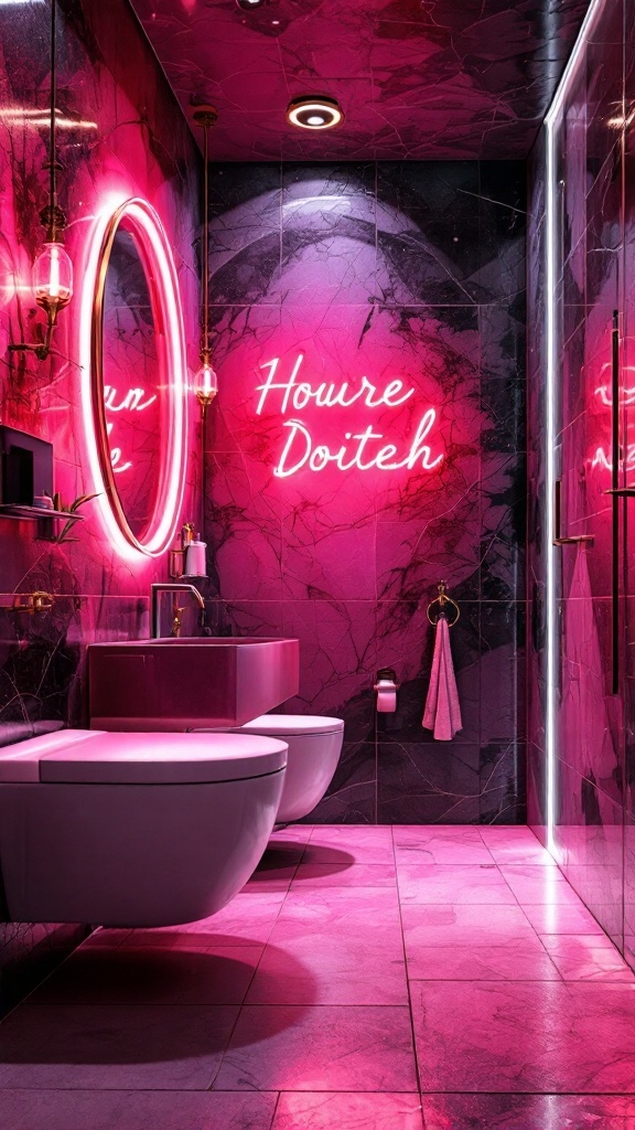 A stylish pink and black bathroom featuring neon lighting and modern fixtures.