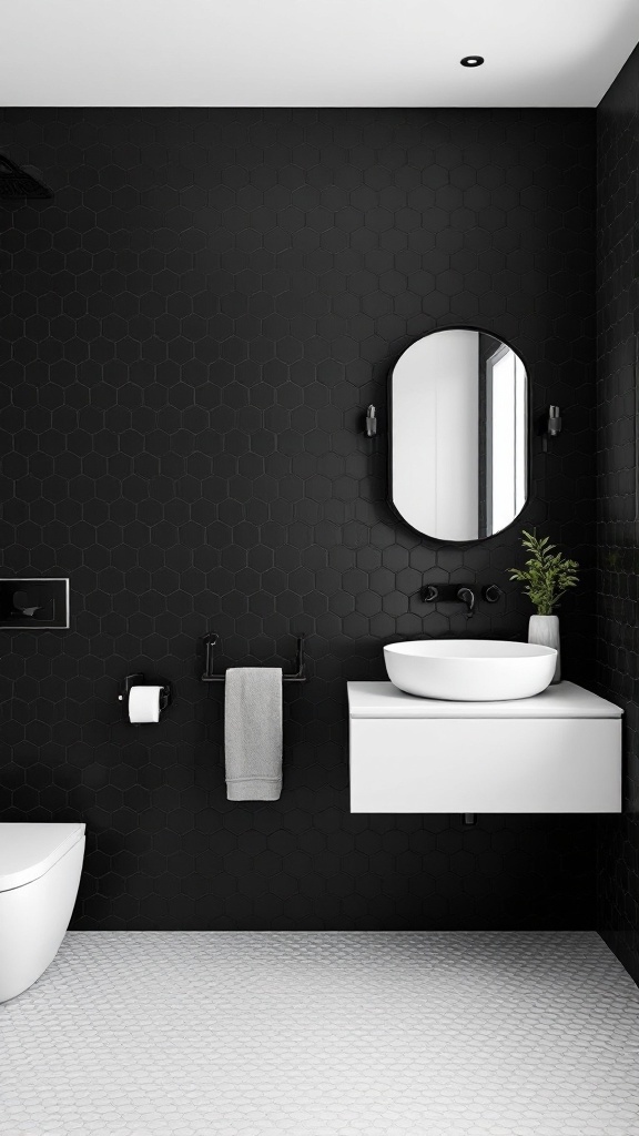 Black hexagon tile bathroom with white fixtures and modern design