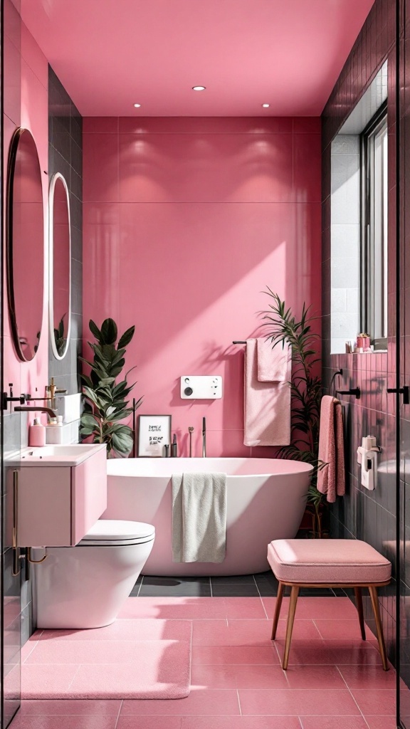 A stylish pink and black bathroom featuring a freestanding bathtub, vanity, and indoor plants.