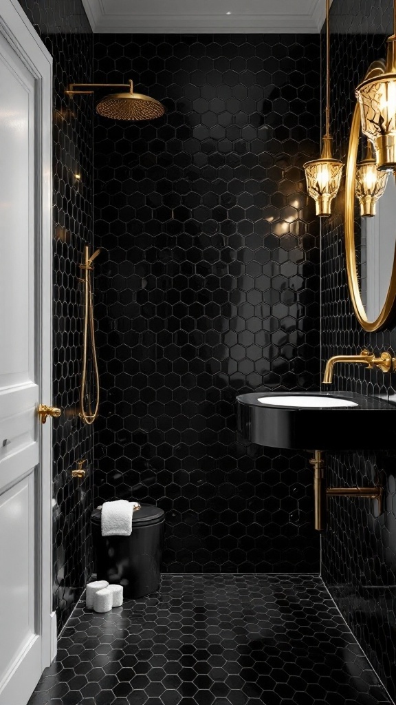 Bathroom featuring black hexagon tiles with gold accents, including fixtures and lighting.