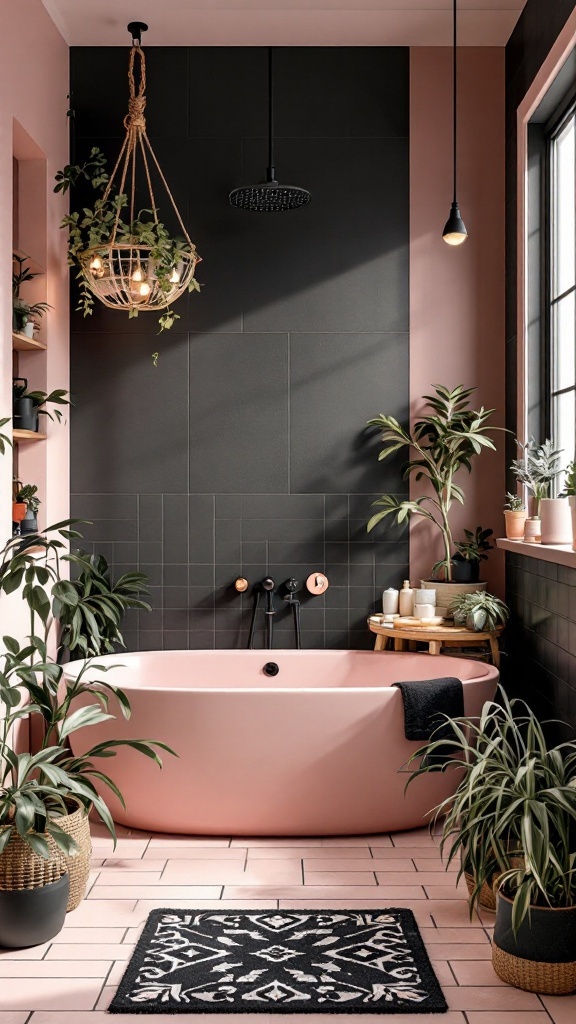 A stylish pink and black bathroom featuring a bathtub, plants, and modern lighting.