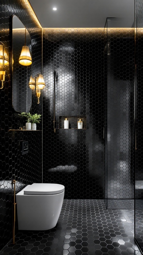 A modern bathroom featuring black hexagon tiles with warm lighting.