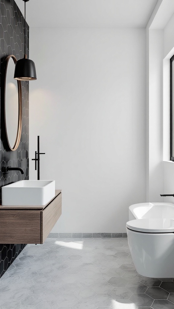 A minimalist bathroom featuring black hexagon tiles, a wooden vanity, and modern fixtures.