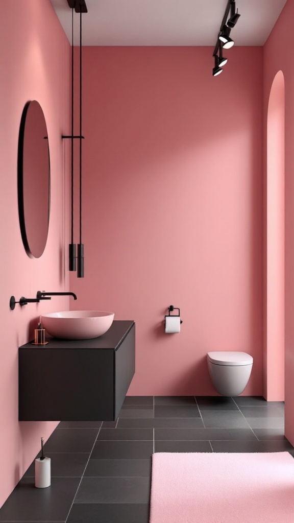 A modern pink and black bathroom featuring a floating black vanity, pink walls, and dark tile flooring.