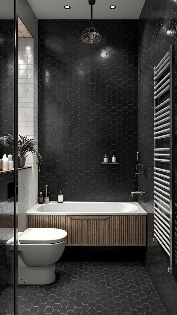 A stylish bathroom featuring black hexagon tiles on the floor and walls, complemented by a wooden vanity and white bathtub.