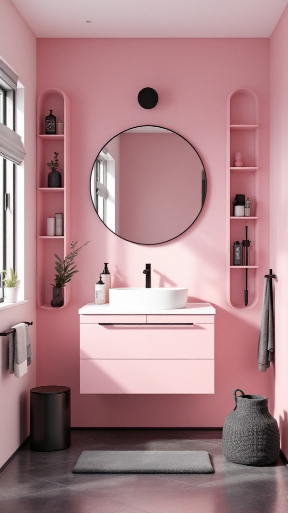 A pink and black bathroom featuring a stylish vanity, round mirror, and open shelves.